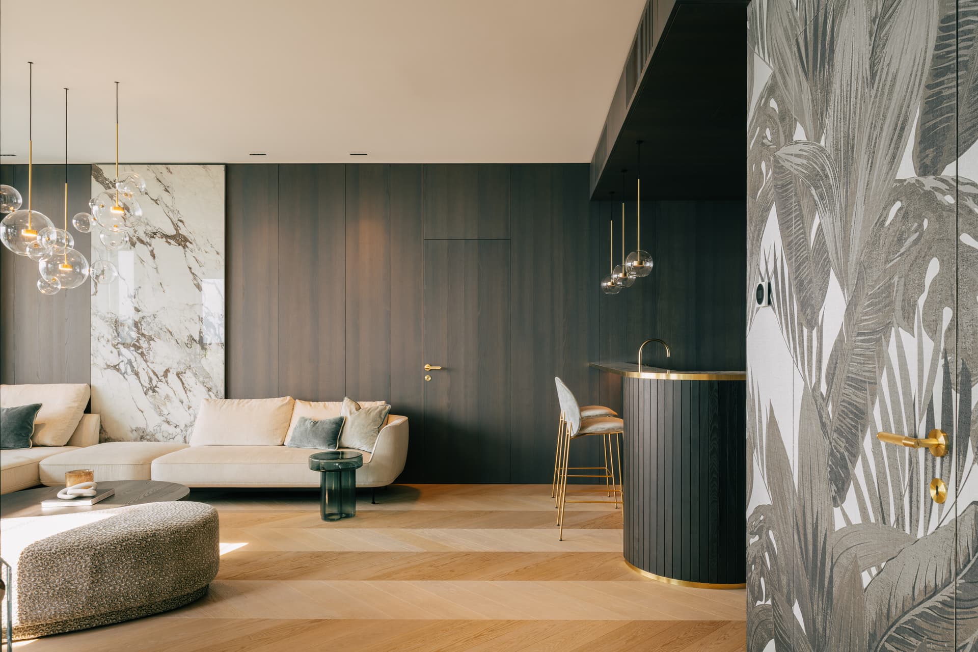 Modern kitchen with city view and custom woodwork.