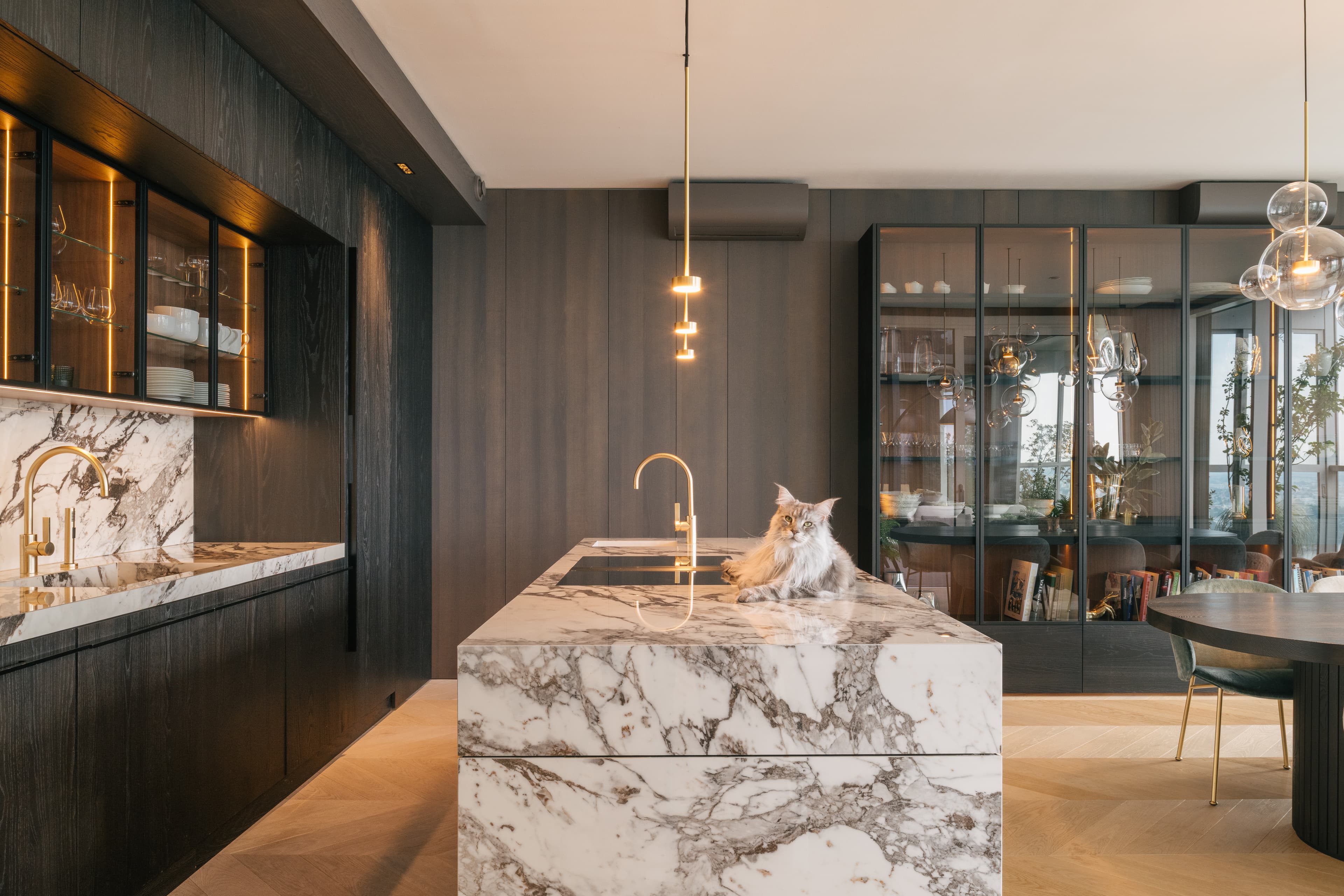 Dining area with custom furniture and flooring.