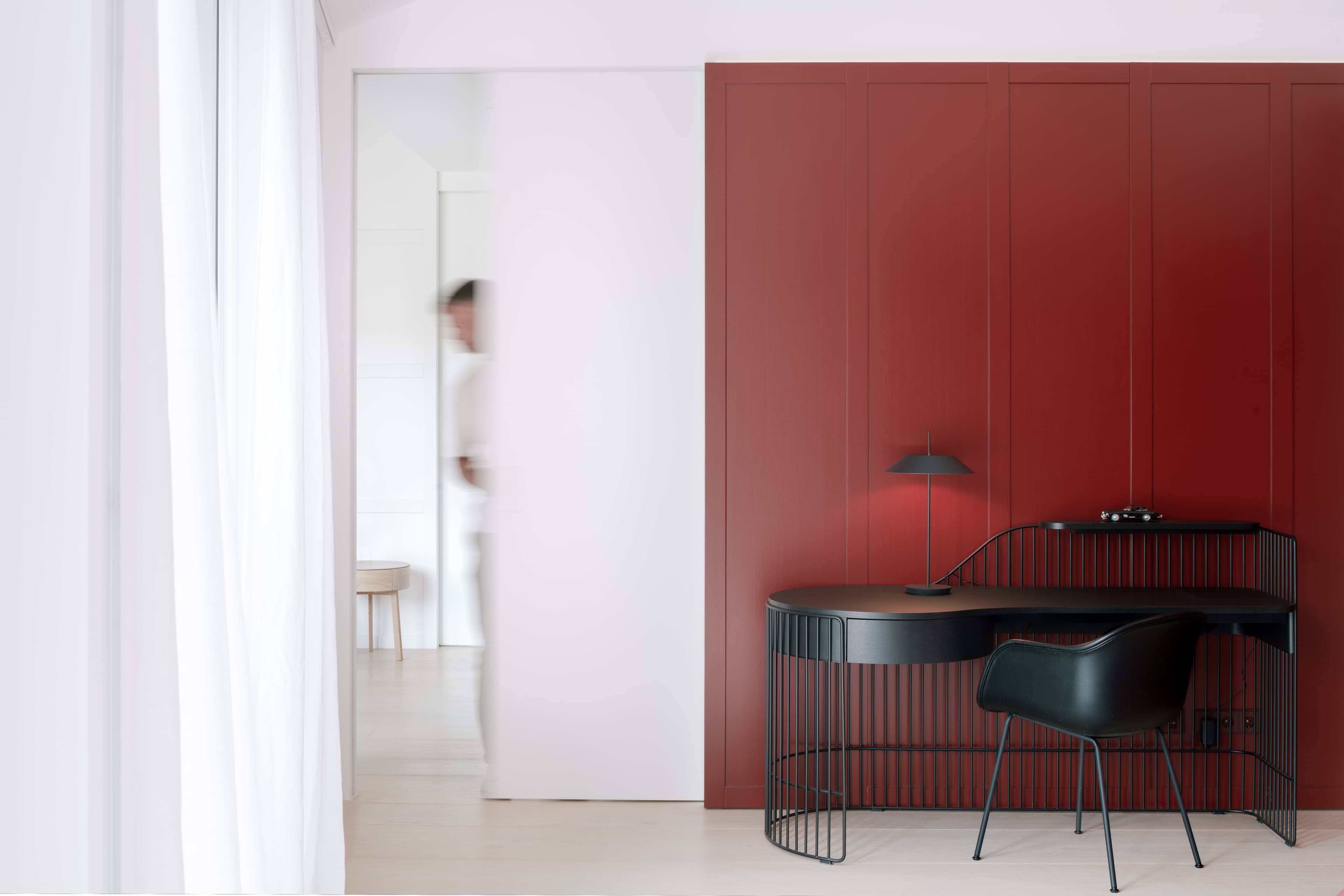 Living room space with custom shelving.