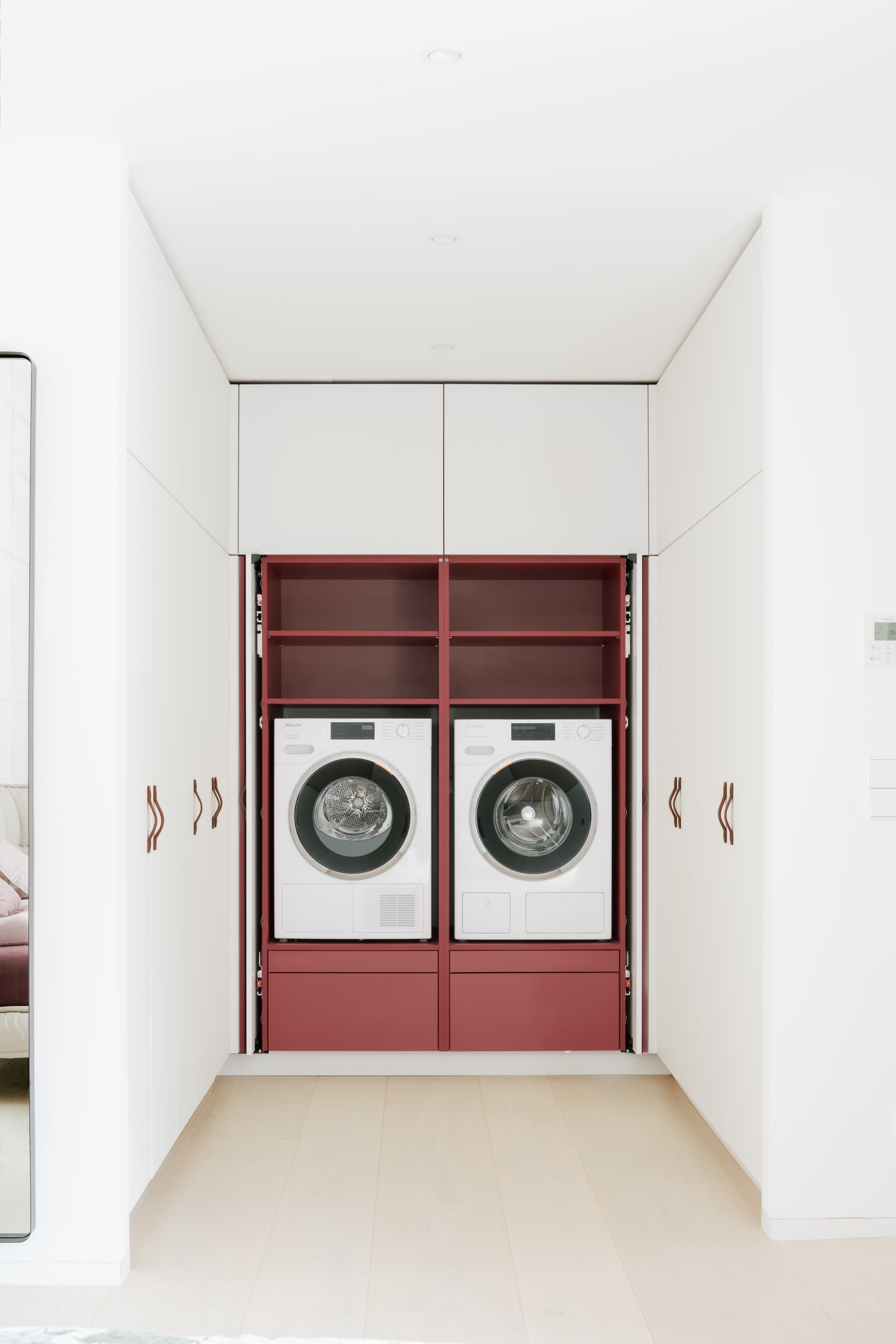 View into the bathroom with custom tiling.