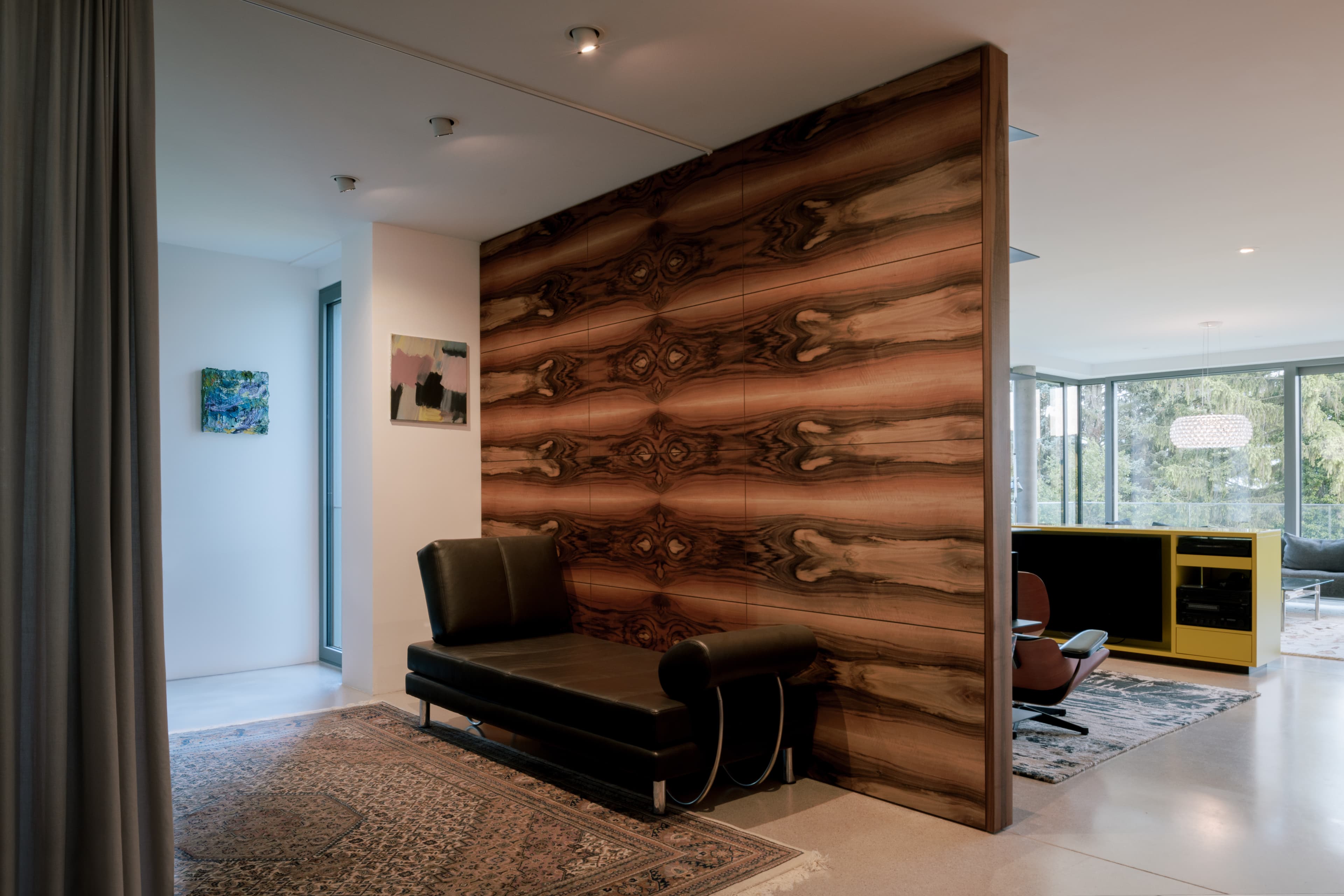 Living space with large window.